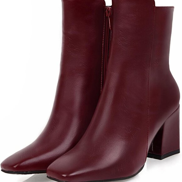 Womens Chunky Heel Boots Synthetic Zip Ankle Shoes Square Toe Burgundy - Picture 1 of 6